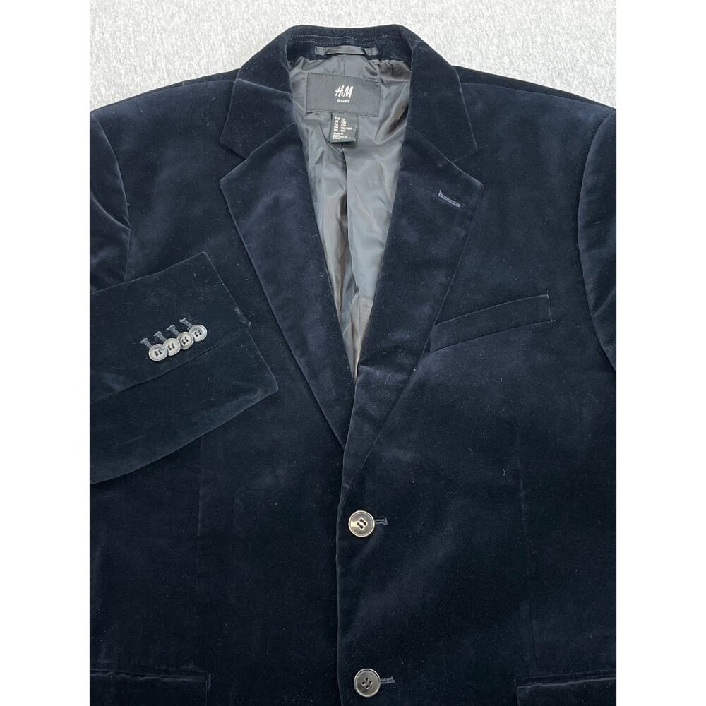 H&M Blazer Mens 42R Navy Blue 100% Cotton Velvet 2-Button Slim Fit Dinner Jacket